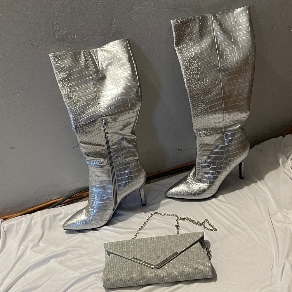 Amazon Silver Croc-Embossed Heeled Boots